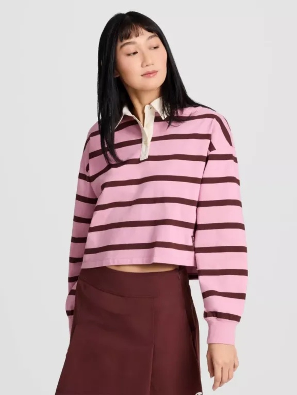 Champion Women's Long Sleeve Rugby Collard Shirt - Pink Striped Size M NWT